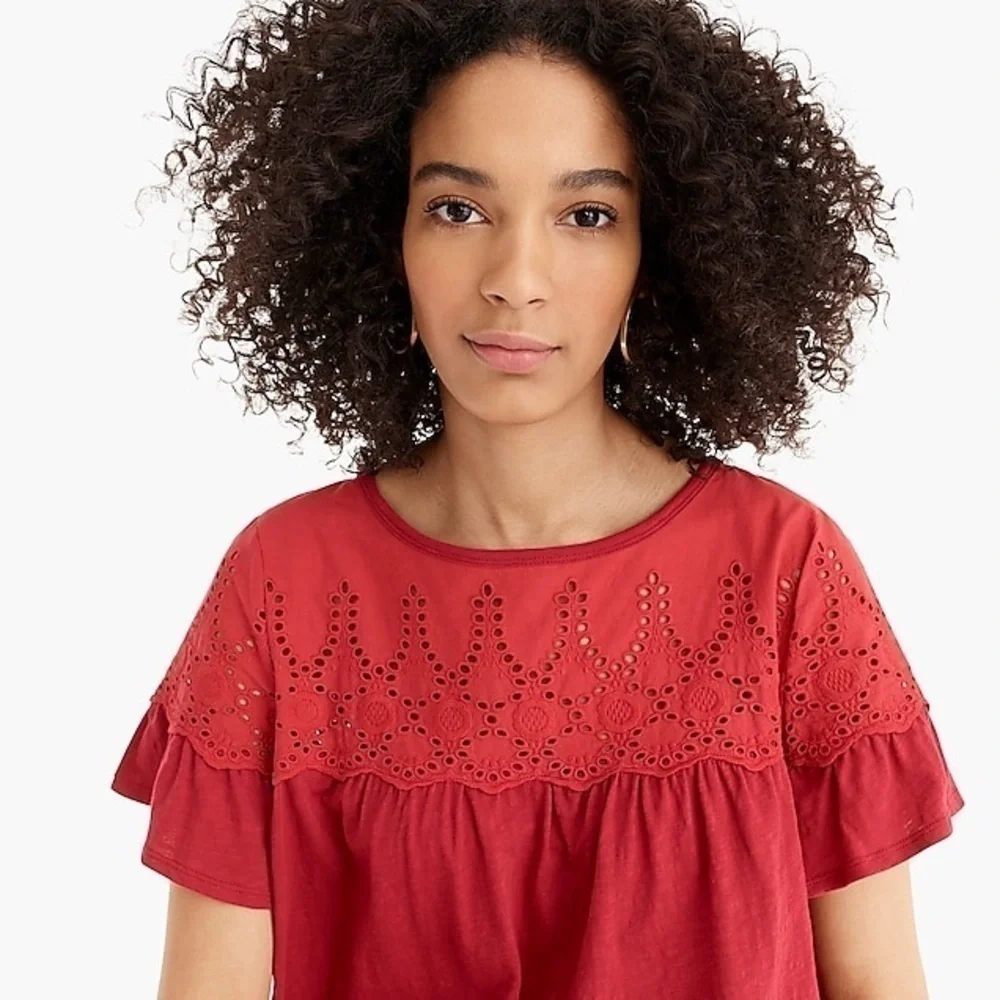 J crew flutter sleeve ruffle Eyelet lace top in vintage red cotton size small